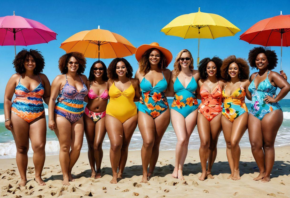 A diverse group of confident individuals of various body types joyfully trying on colorful two-piece swimsuits in a sunny beach setting, showcasing body positivity and self-expression. Bright umbrellas and surfboards in the background add a fun, vibrant atmosphere. Include elements that reflect unique personal styles through accessories and bold patterns. super-realistic. vibrant colors. beach setting.